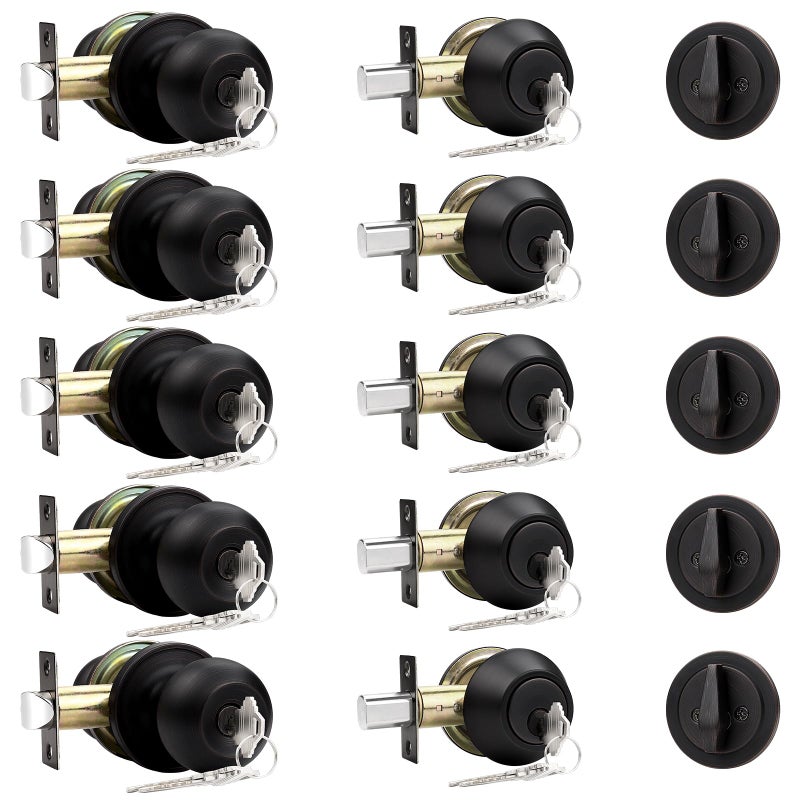 Probrico 5 Pack -Oil Rubbed Bronze Entry Knob and Single Cylinder Deadbolts,Keyed Alike Entry Handleset for Front Entrance Door, Deadbolt and Door knob Set, Modern Door Hardware - Image 1